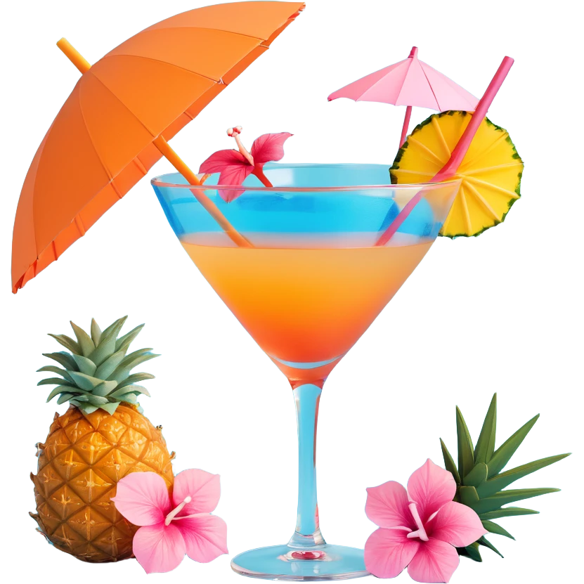 blue tropical cocktail with hibiscus, pineapple, and tiny pastel paper umbrella garnishes emoji