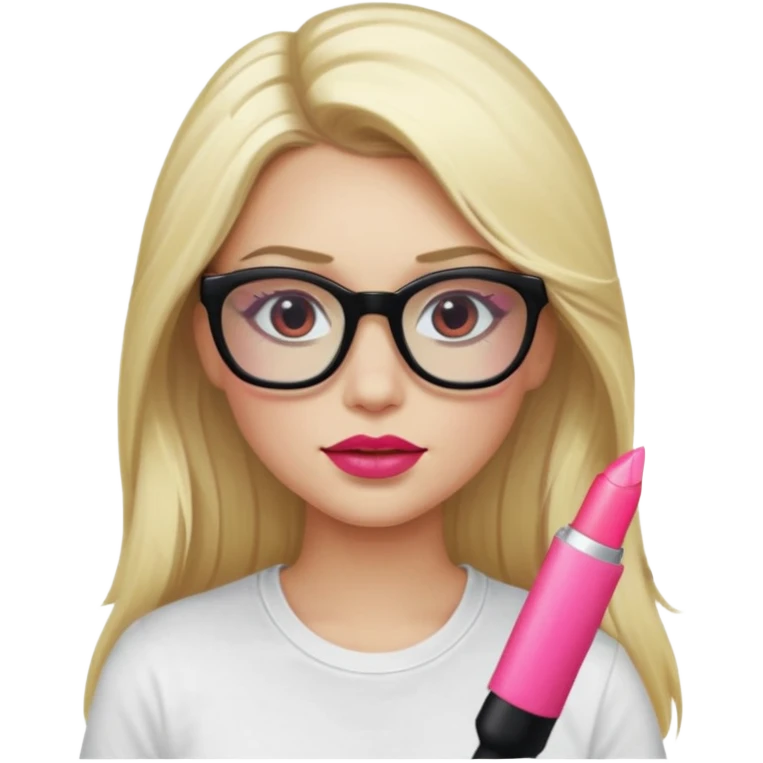 A blonde woman, long hair and long eye lashes, red blushes and little pink lipstick and highlighter, lipgloss, black glasses, white tshirt emoji