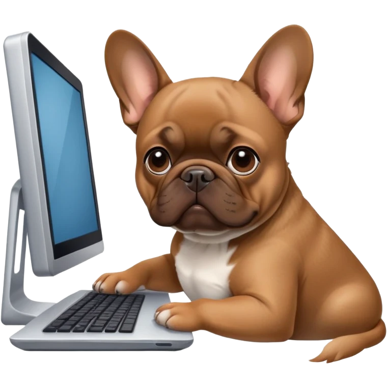 Brown french bulldog working behind computer emoji