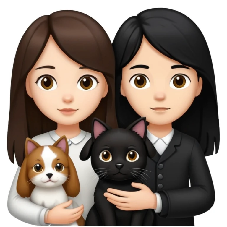 A girl with long brown hair holding the hand of a boy with black hair, both dressed in black, holding a cat and dog emoji