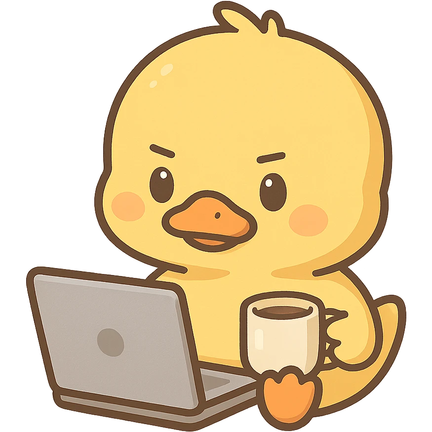 yellow duck with laptop and coffee mug looking focused emoji