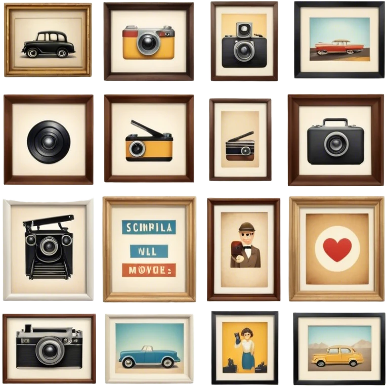 Icon for Photograph and Poster Collecting: a collection of vintage photographs and movie posters, neatly displayed on a wall or in frames. The icon should evoke the nostalgia and artistic value of collecting rare images and posters. Transparent background. emoji