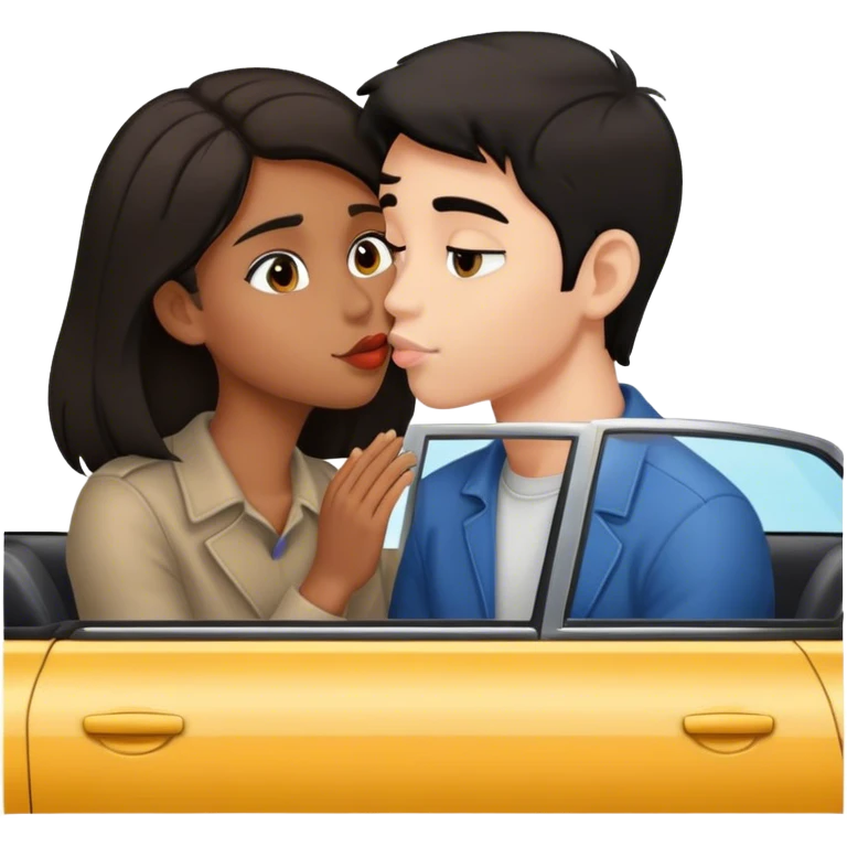 brown girl with black hair kissing boy with brown hair in  car emoji