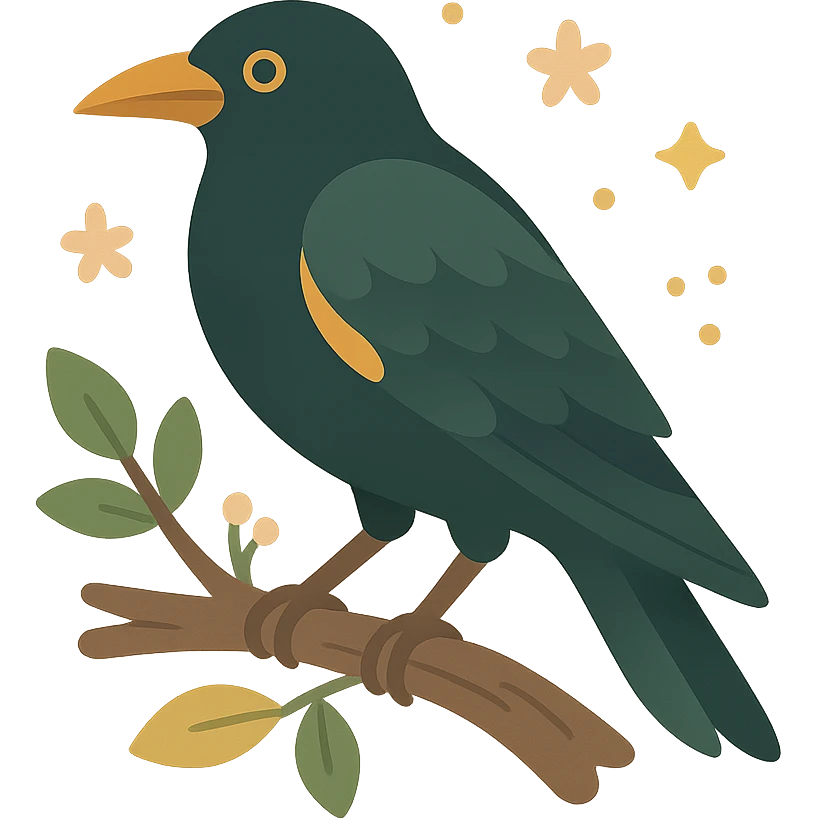 A mysterious crow perched on a branch, surrounded by a soft, magical atmosphere. The crow’s feathers are deep, dark hues with hints of golden orange (FA9B41), forest green (4A7C5C), muted taupe brown (96775A), and pastel peach (FFCC9A) subtly blending into its plumage. The branch is weathered and textured, with small leaves in green and peach tones, and delicate flowers or tiny sparks floating around. The lighting is soft and ambient, casting a warm, mystical glow over the scene, creating a quiet yet enchanting atmosphere. The crow’s sharp eyes and poised posture add to the mysterious, slightly gothic vibe of the moment emoji