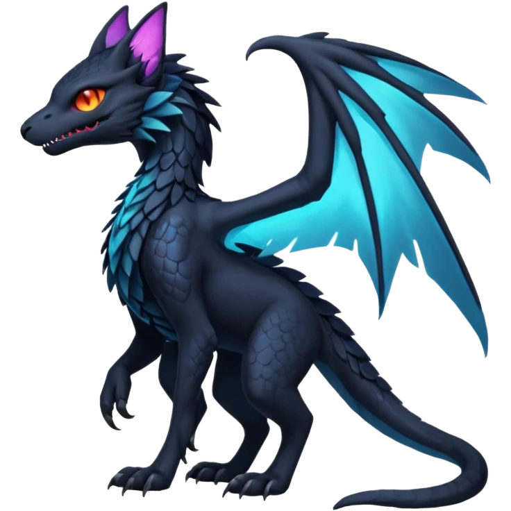 Black Dark Exotic Beaked Feathery Nocturnal Neon-glowing Abyssal Nightly Abyss-Cat-Gryphon-Salandit-Nargacuga-Silvally-Fakémon Creature (full body) emoji
