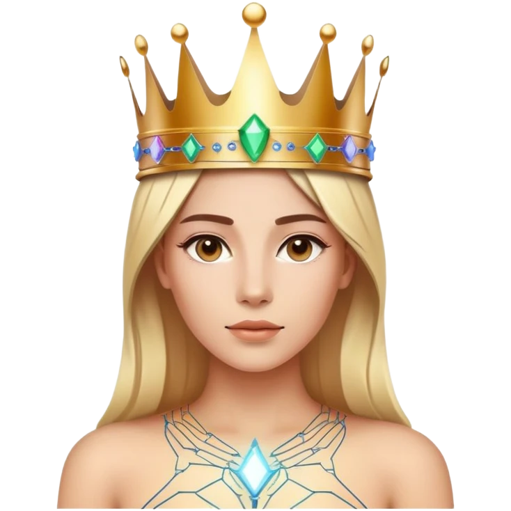 modern person wearing crown made of glowing circuits and holographic elements. The crown has a clear, elegant space in the center front for placing a logo.  emoji