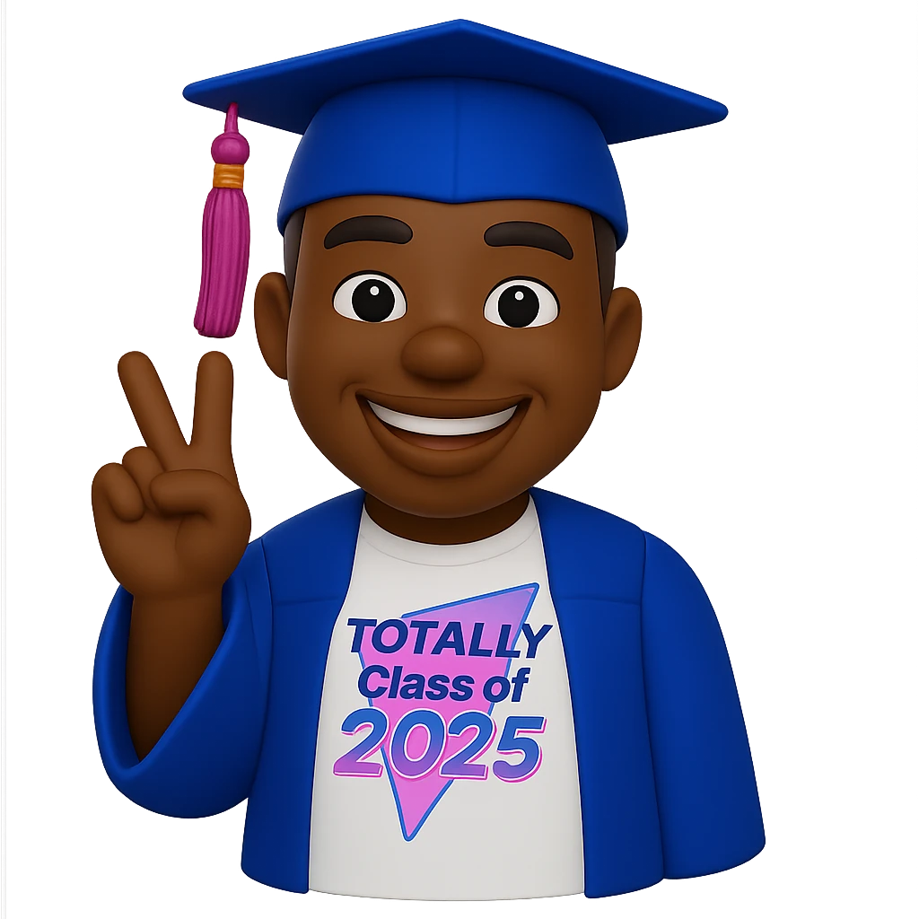 Create a cool emoji based on the person in the reference photo, wearing a graduation outfit, making a peace sign with one hand, in a 3D cartoon style. Background should be transparent. emoji