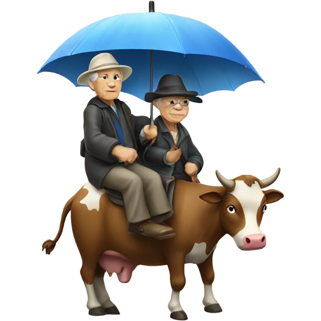 an old person wearing a hat riding a cow with umbrella  emoji