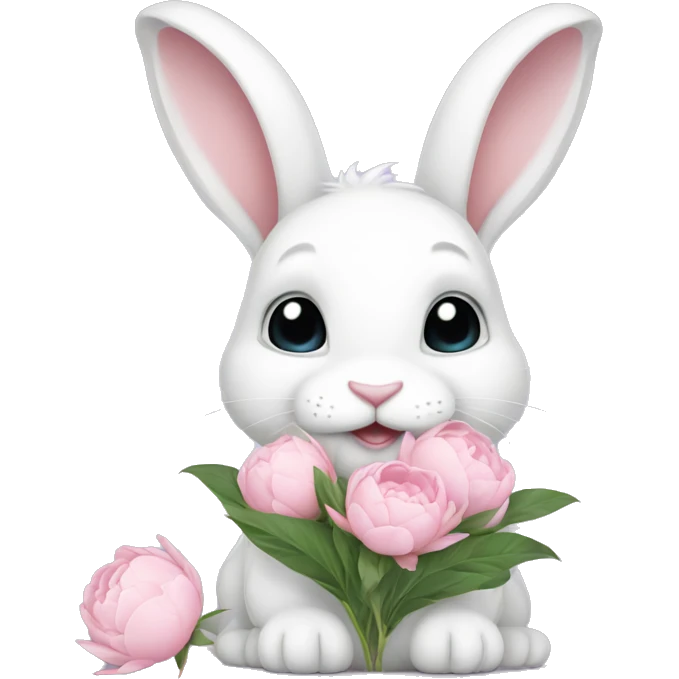 cute white bunny holding light pink peonies emoji
