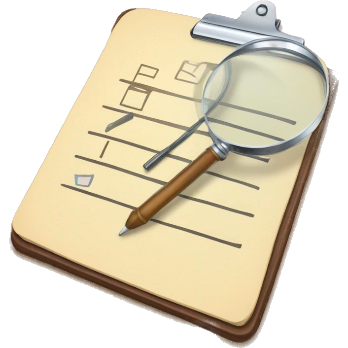 A clipboard with a checklist and a magnifying glass hovering over it emoji