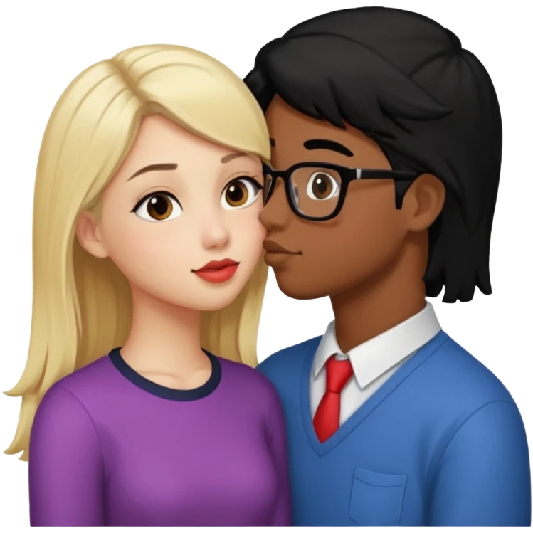 pretty blonde girl barbie kissing nerd with black hair and brown skin on the cheek emoji