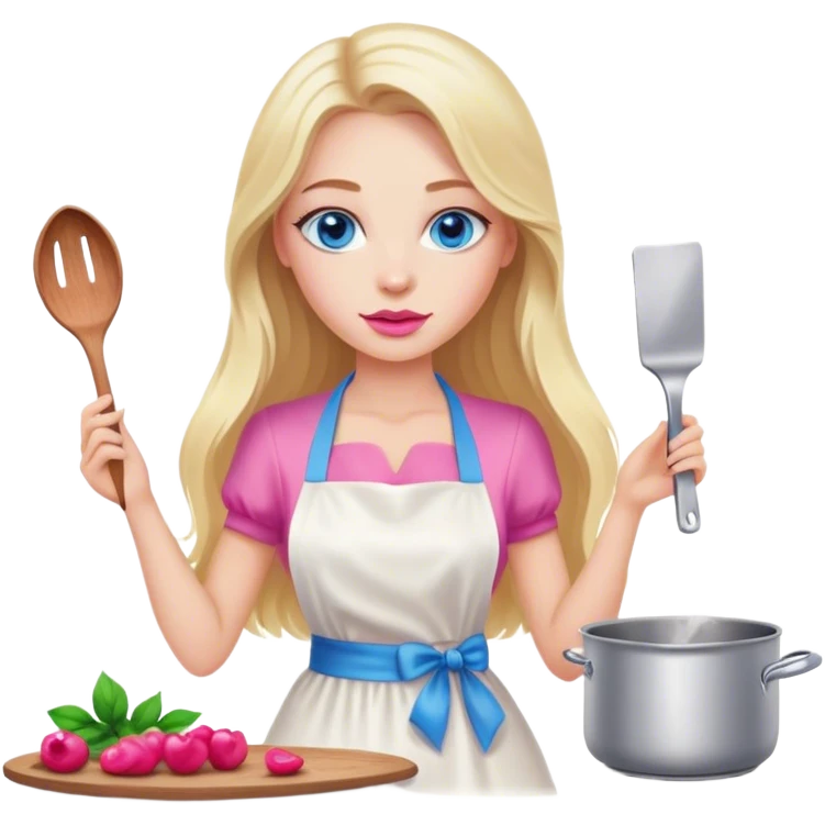 Cinematic realistic beautiful blonde with long hair, blue eyes and pink lips in a white dress cooks emoji