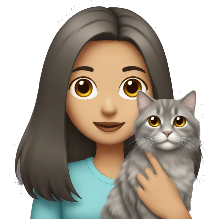 Dark brown straight hair girl holding fluffy Siberian gray cat  emoji