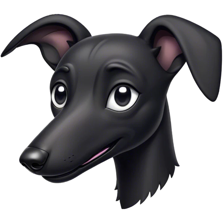 Cinematic Comical Black Greyhound Portrait Emoji, Head tilted dramatically with an exaggeratedly amused expression, featuring a glossy jet-black Fur and wide, expressive dark eyes filled with playful disbelief, Simplified yet hilariously expressive features, highly detailed, glowing with a slightly sassy glow, high shine, dramatic yet playful, stylized with an air of cheeky mischief, bright and endearing, soft glowing outline, capturing the essence of a spirited and over-the-top racer, so meme-worthy it feels like it could side-eye its way into internet fame instantly! emoji