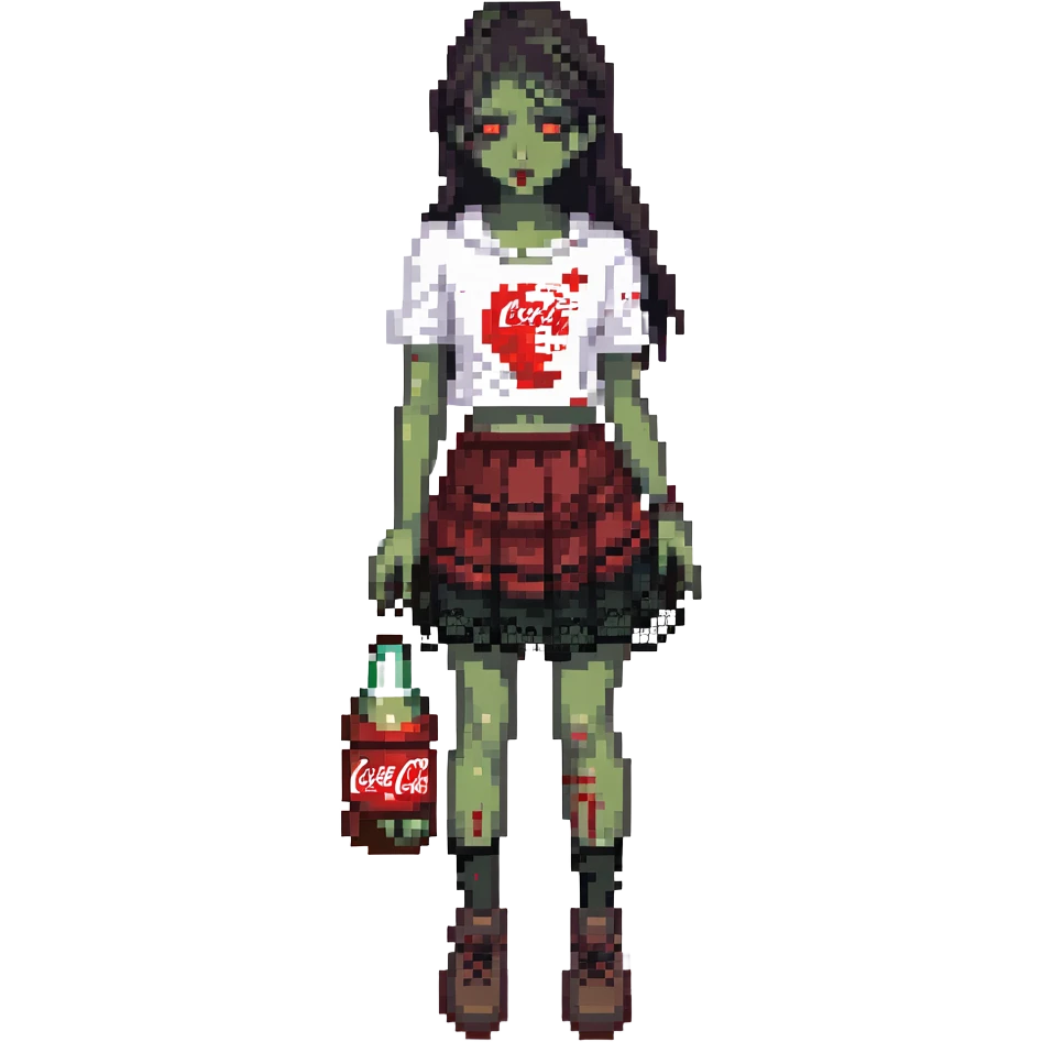 Generate an Asian girl, dark-haired, she's a zombie, wearing a skirt with lace, slightly torn,

Holding a bottle of Coca-Cola in her hands.

Background - a dark street in the style of Gotham City. emoji