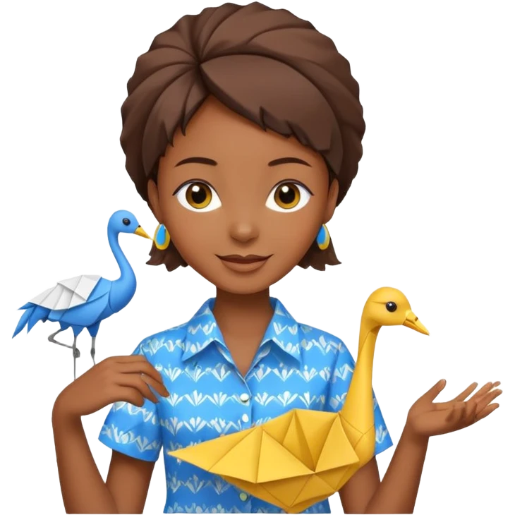 happy-african-young-girl-with-brown-african-hair-in-a-white-colorful-vintage-kanga-shirt-holds-an-origami-yellow-and-blue-crane emoji