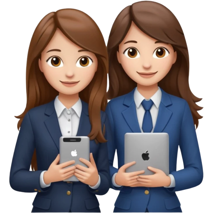 two brown haired girls, looking professional maybe leaned on each others back and looking forward and using phones, with long hair and one girl can hold lap top another one can hold the phone, professional clothes emoji