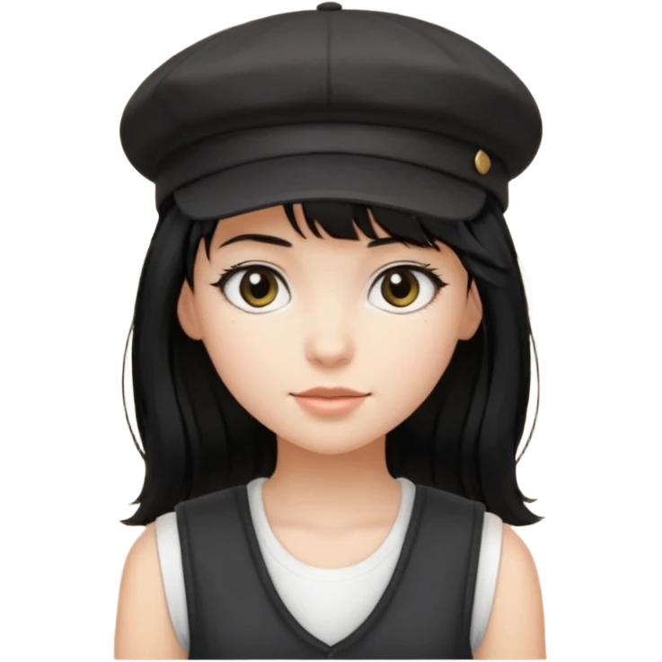 pinterst girl with heavy bang, black long hair and black newsboy cap on her hat, wearing white sleeveless  emoji