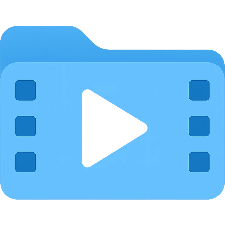 Create a very simple flat color clip art style video library folder icon. Match the blue folder icon design with minimal details. Include a white play button and film strip details on the folder. No text. Transparent background. emoji