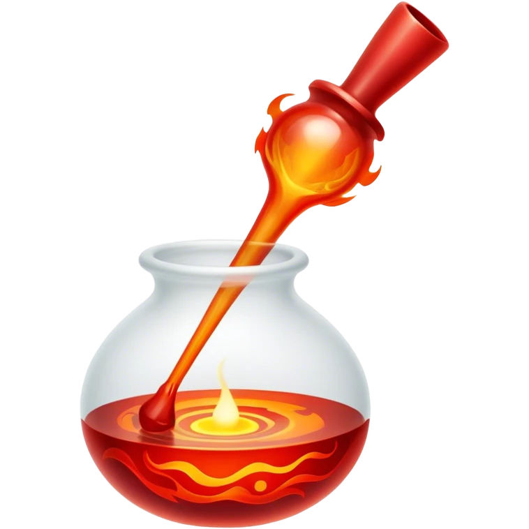 Glassblowing and casting icon, molten glass being shaped with blowpipe, glass piece in the mold, glowing red-hot surface, intricate patterns forming, minimalistic style, clean lines, transparent background. emoji
