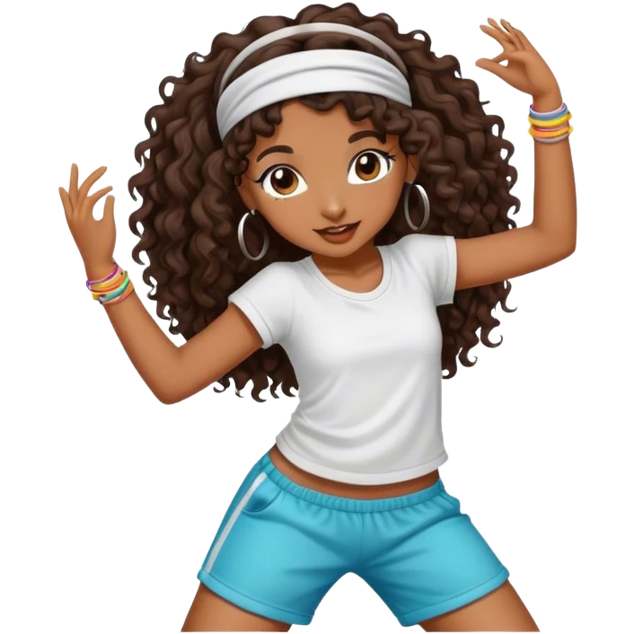 Dancing brown girl with long darn brown curly hair with headband hip hop emoji