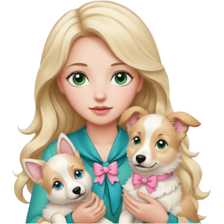 A white Long Wave blonde Hair Woman with blue-green eyes, with a Brown eyed White Shepard  in the arm ,the dog has a little bit beige in then end of the ears and a pink bow in neck . emoji