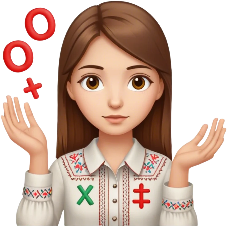 A Ukrainian girl with brown hair wearing an embroidered shirt holds mathematical signs in her hand emoji