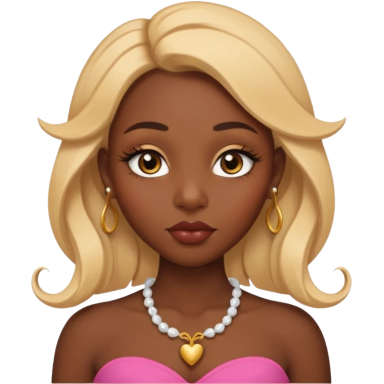 darkskin female with eyebrows that are naturally shaped and frame eyes well, eyes that are almond-shaped with defined lashes. nd lips are full with a defined cupid’s bow, add also a septum piercing that adds an edgy, stylish flair. a middle-part, honey blonde bust-down with laid baby hairs emoji