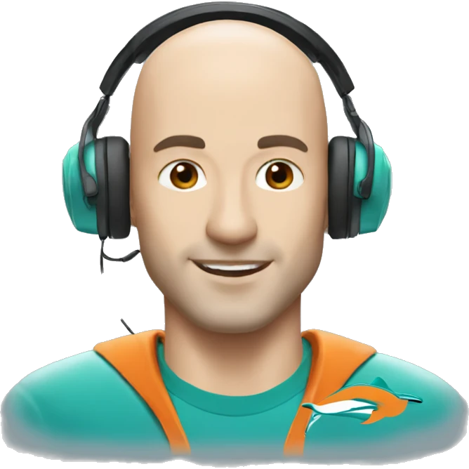 white bald and  man wearing a black cap and a headset with a miami dolphins t-shirts emoji
