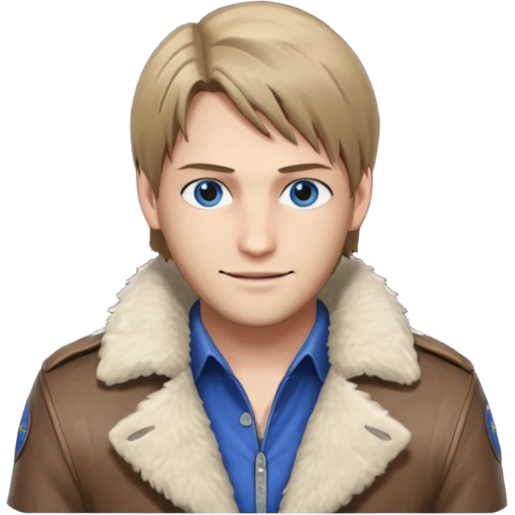 Leon Kennedy from resident evil 4 remake in sheepskin coat with blue eyes emoji