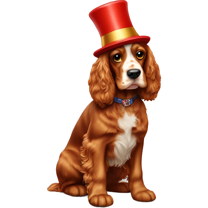 red cocker spaniel full length, wearing a New Year's cap emoji