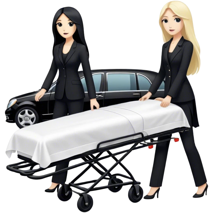 Two woman with long hair. One has black hair and one is blond. They have black pants suits on. And they are pushing a funeral stretcher in to a black Mercedes Vito funeral car. On the stretcher is a body covered in white sheets emoji