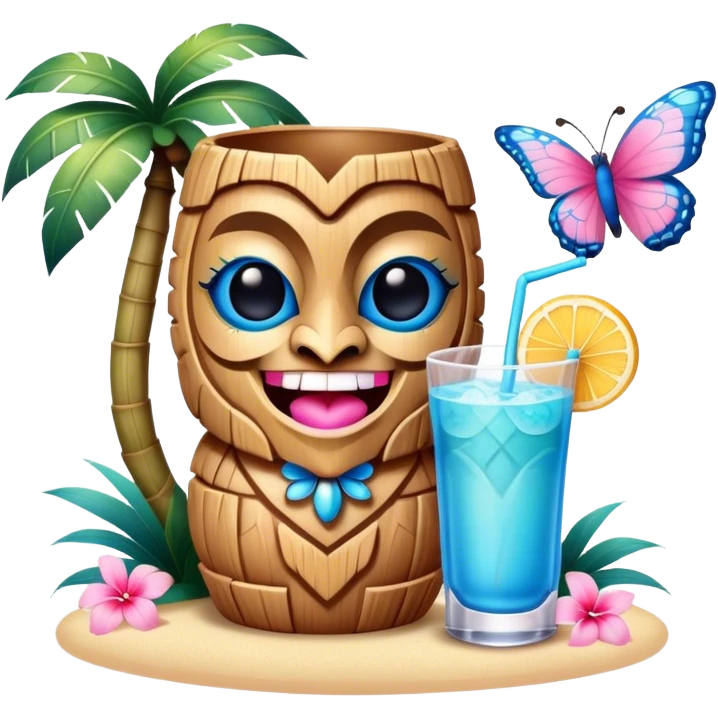 Pixar style little Blue and pink tiki singing with a butterfly and tropical drink, ultra detailed and lifelike imagery, realistic emoji