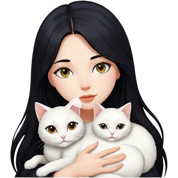 Beautiful sexy girl with long black hair hugs a white cat emoji