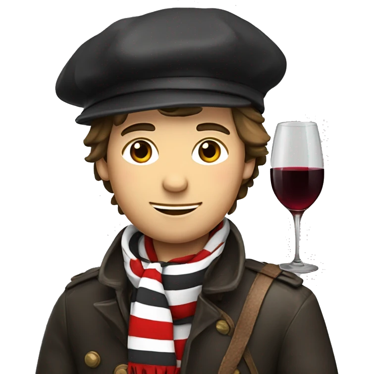 a french guy with a beret, black and white striped clothes, a red scarf and a baguette on his back and a glass of red wine emoji