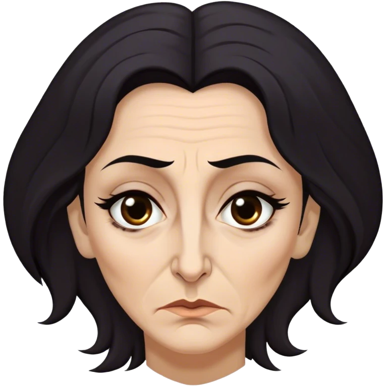 Mirri Maz Duur is a weathered, age 50 woman with deep-set dark eyes, high cheekbones, and a sharp nose, giving her a stern, knowing expression. Her long, unkempt dark hair  falls loosely over her shoulders emoji