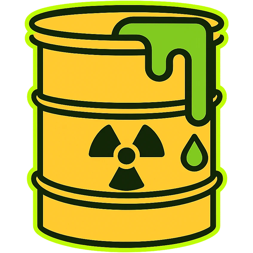 Add a bright radioactive green glow around the toxic barrel. Keep the background transparent. emoji