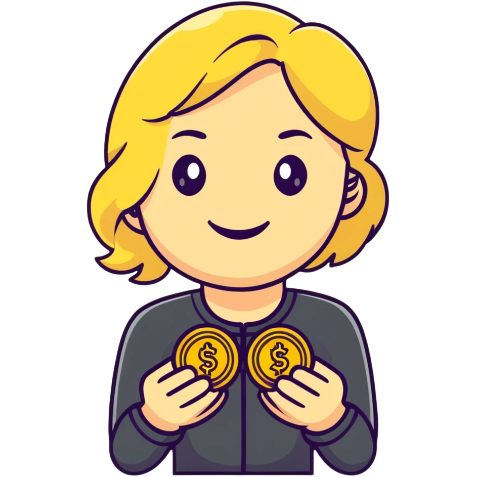 smiling blonde girl holding gold coins emoji