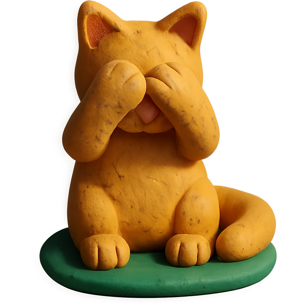 cat covering its face with its paws, claymation style emoji