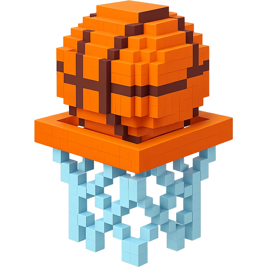 Voxel-style basketball in a net, no background, variation 4. emoji