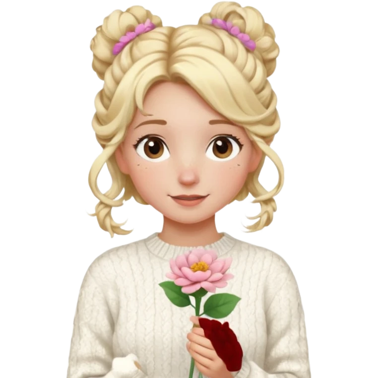 blonde hazel eyes girl holding a flower with a white cable knit sweater and a curly messy bun with tendrils of hair flowing down her face and she is happy pale, some freckles, blush emoji