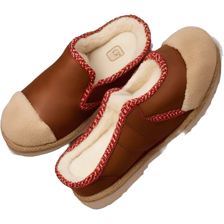 Chestnut colored low cut slip-on slippers. thin red woven zig-zag trim on the cuff, a red heel pull tab, and a thick platform sole. “UGG” emoji