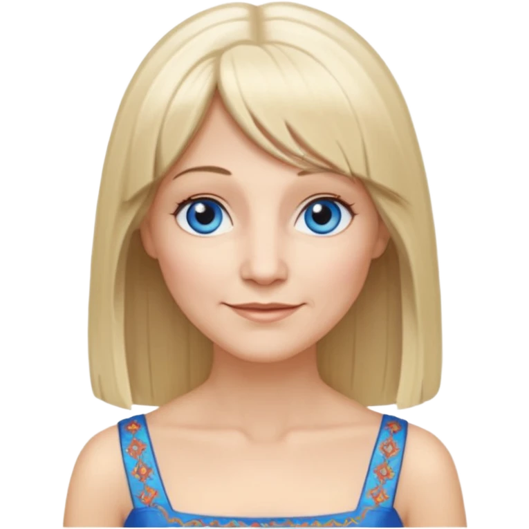 50 yr old white woman, hippie parted very long hair, short bangs, very long straight blond hair, oval face, small smile, blue eyes, thin face, hair downback, hair parted at center of head, round cheeks, pale, longer hair, white evening dress emoji