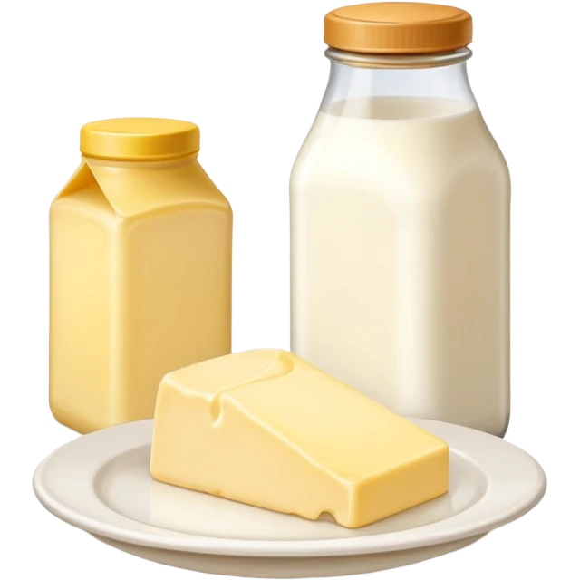 A bottle of milk with a brown cap on the right and a piece of butter on a plate on the left emoji