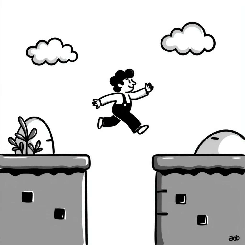 pixel art of a retro side-scrolling video game scene with blocks, platforms, clouds, and a character jumping, 8-bit Game Boy style, Mario world emoji