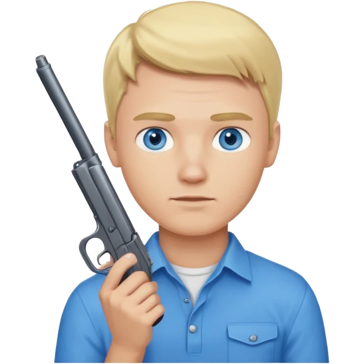 A blonde guy with blue eyes and blue shirt holding a gun emoji