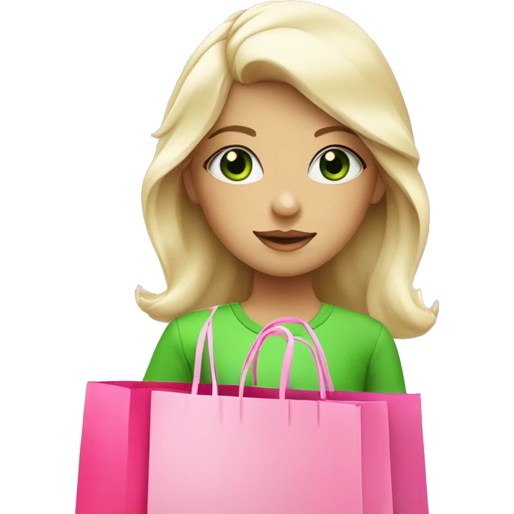 cute platinum blonde with green eyes wearing pink surrounded by pink shopping bags emoji