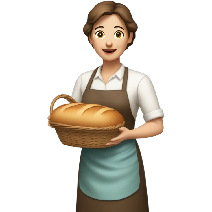"A middle-aged woman with tired eyes, brown hair tied back, and a warm but worried look. She wears a simple dress with an apron, holding a loaf of bread or basket in a modest kitchen."mother emoji