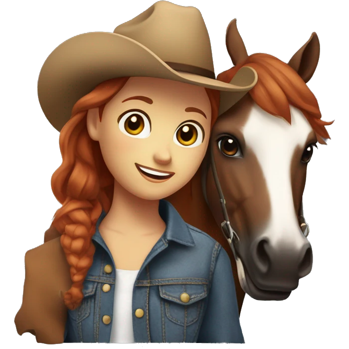 Girl with short red hair, with brown eyes, smiling, wearing a denim jacket and black shirt and brown cowgirl hat, next to her brown horse that has a white spot on her forehead. emoji
