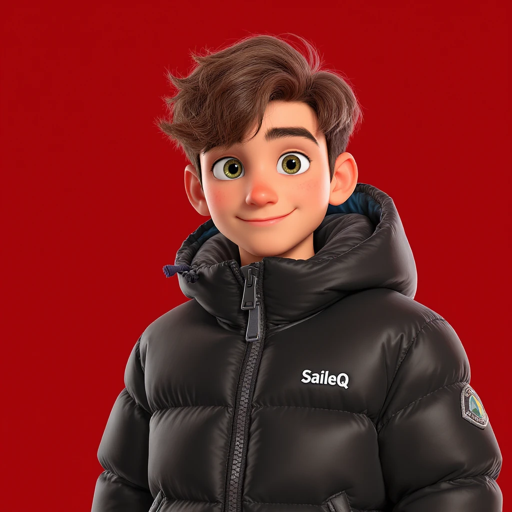 3d disney pixar character, young 18yo boy with dark brown hair, and a shiny black puffer balenciaga design jacket, brave smiling. The background is a solid red color, "SaileQ" on ajcket emoji